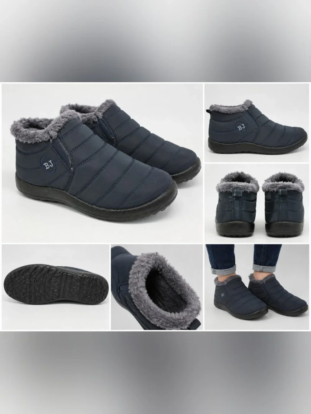 bj women's navy gray quilted faux fur lined winter ankle boots size 9M 40
